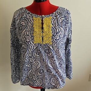Talbots Blue and White Paisley Blouse with Yellow Detail